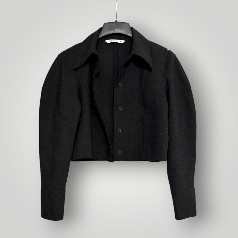 Zara Cropped Black Wool Blend Button Front Tailored Shirt Top Women L